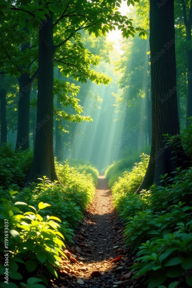 Obraz premium Deep shadows, lush summer forest, sunlight filtering through leaves, background, trees, forest
