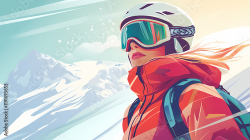 Beautiful woman in ski suit at winter mountain. ai generated illustration. Skyweave. Illustration photo