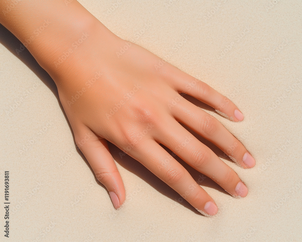 Fototapeta premium Human Hand on Light Beige Sand