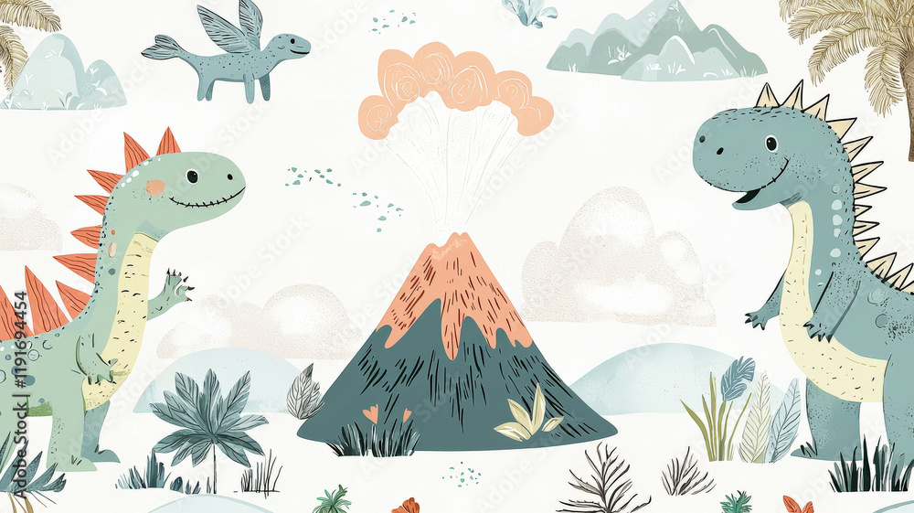 Obraz premium Playful dinosaur-themed wallpaper for kids featuring cartoon dinosaurs and erupting volcanoes in bright, cheerful colors, perfect for creating a fun and adventurous atmosphere in children’s rooms. 