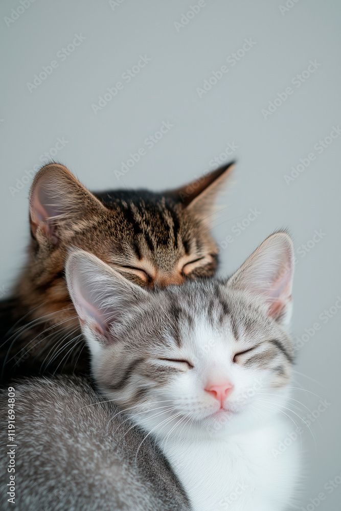 Tabby and Grey and White Kittens Huddled Together Tabby and Grey and White Kittens Huddled Together