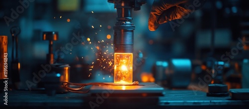 Fiery sparks igniting from a welding torch in a dimly lit industrial workshop showcasing the intense heat and power of metalworking processes  The glowing flame and molten metal create a dramatic