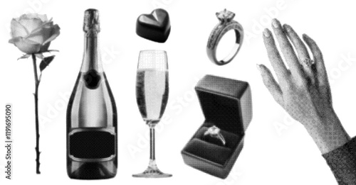 Engagement day halftone effect set transparent background. Champagne, glass, chocolate, ring, rose.