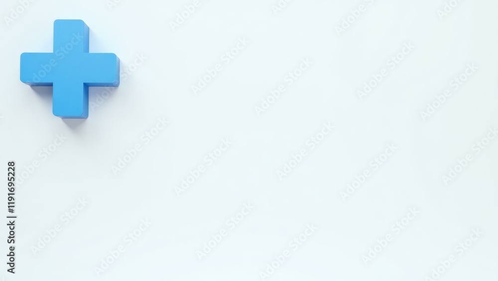 Fototapeta premium Azure blue cross icon on left. Blue medical cross symbol on white back