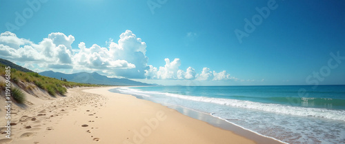 Peaceful Beach Scene with Soft Waves and Patches of Green Grass Under a Clear Blue Sky photo