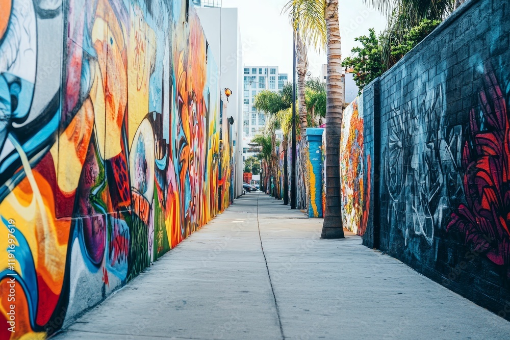 Fototapeta premium Vibrant graffiti art lines urban alleyway.