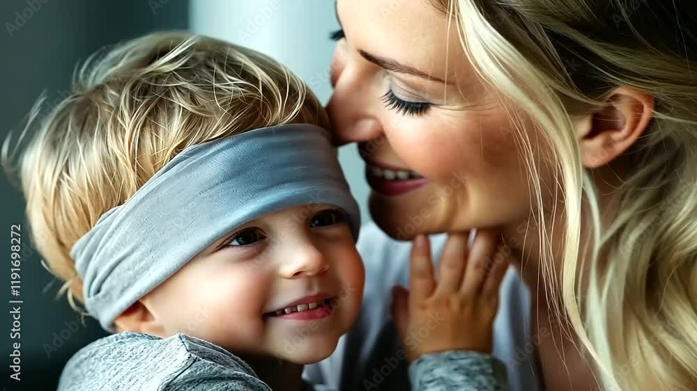 Parent and Child Playing Blindfolded Touch Challenge Together Parent and Child Playing Blindfolded Touch Challenge Together