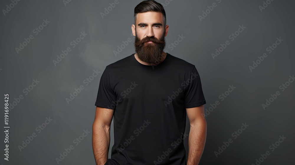 A man with a beard and a black shirt is standing in front of a gray wall A man with a beard and a black shirt is standing in front of a gray wall
