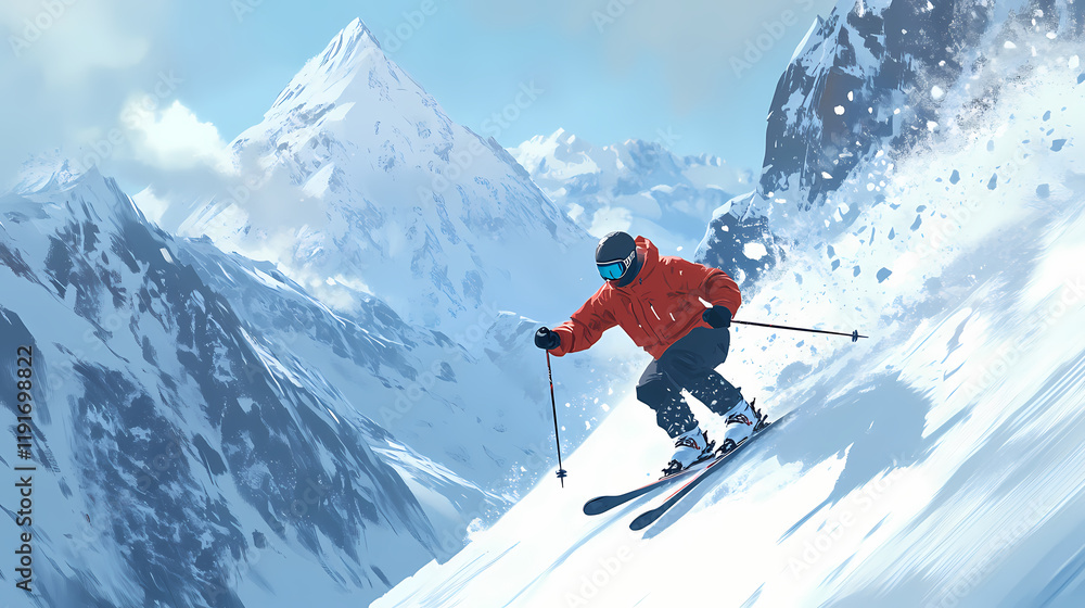 A skilled skier in a red jacket navigates down a snowy mountain slope during a winter afternoon, showcasing thrilling speed and agility. Skyweave. Illustration A skilled skier in a red jacket navigates down a snowy mountain slope during a winter afternoon, showcasing thrilling speed and agility. Skyweave. Illustration
