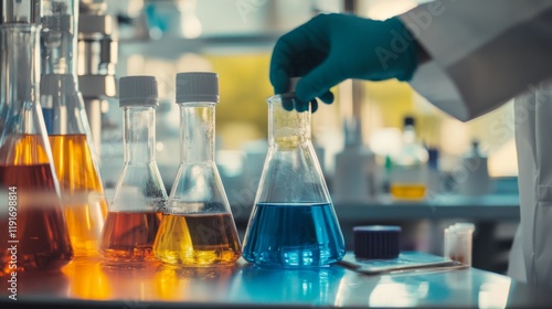 A detailed view of a chemical engineer conducting experiments with renewable energy solutions in a laboratory, Renewable chemistry scene, Sustainable innovation style photo