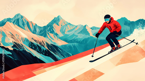 A vintage ski vacation poster featuring a retro skier on pristine slopes beneath a majestic mountain range. generative ai. Skyweave. Illustration