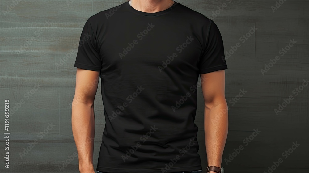 A man is wearing a black shirt and standing in front of a wall A man is wearing a black shirt and standing in front of a wall