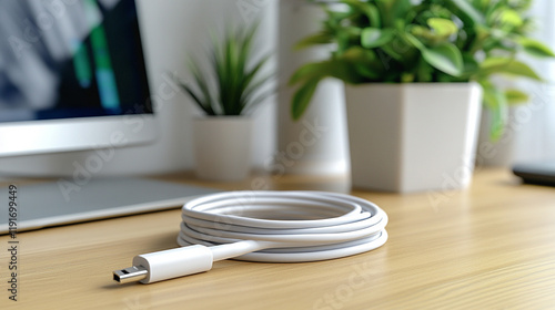 A single charging cable coiled neatly on a desk representing simplicity, order, and utility with blurred background emphasizing focus and minimalism

 photo