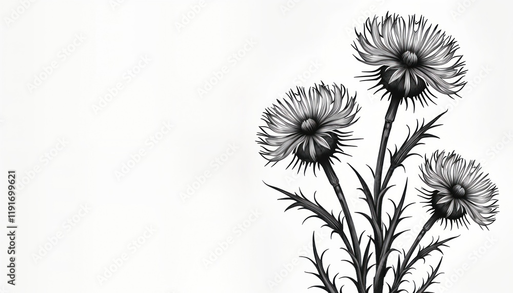 Fototapeta premium Detailed botanical drawing of wild thistle flowers. Elegant black, white illustration. Detailed sketch of field plant with thorns. Vintage style botanical etching. Detailed view of blooming thistle