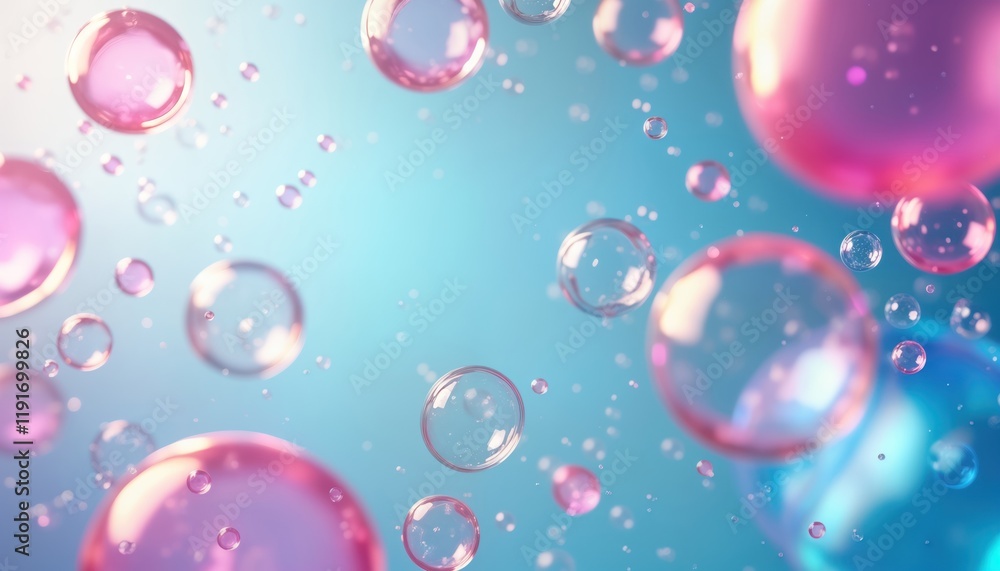 Abstract background features floating soap bubbles in pink, blue hues. Bubbles transparent, colorful. Image conveys sense of lightness, beauty. Design suggests fun, relaxing atmosphere. Used as Abstract background features floating soap bubbles in pink, blue hues. Bubbles transparent, colorful. Image conveys sense of lightness, beauty. Design suggests fun, relaxing atmosphere. Used as