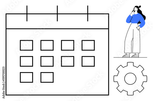 Woman with hand on chin standing next to large calendar and gear icon. Ideal for planning, scheduling, organization, productivity, decision making, problem solving, and task management. Minimalist