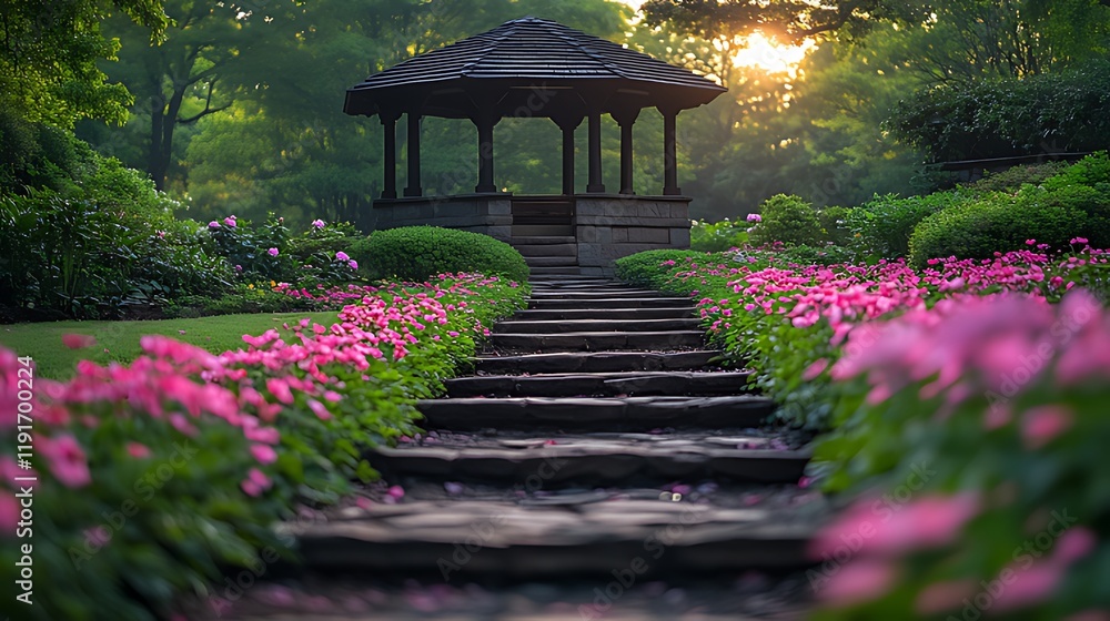 Obraz premium Sunrise garden gazebo path flowers steps serenity