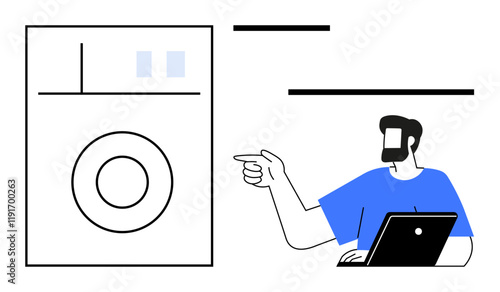 Man in blue shirt with laptop gestures towards a washing machine. Ideal for laundry automation, smart appliances, tech support, remote control, modern living, household management, abstract line flat