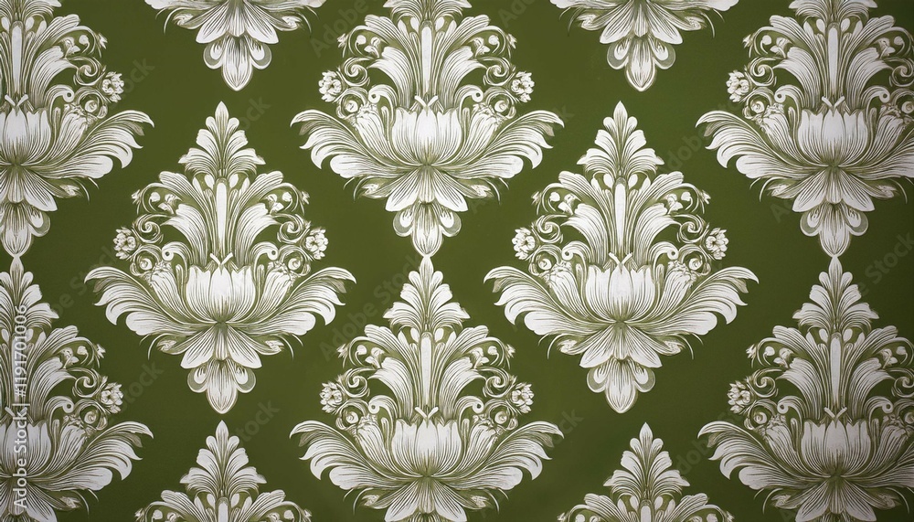 Fototapeta premium white floral damask pattern on olive green background damask floral pattern wallpaper