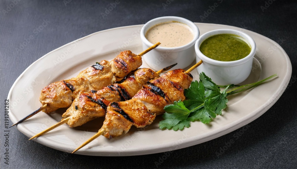 savory grilled chicken skewers with dipping sauces freshly grilled chicken skewers served with two rich dipping sauces and garnished with green herbs savory grilled chicken skewers with dipping sauces freshly grilled chicken skewers served with two rich dipping sauces and garnished with green herbs
