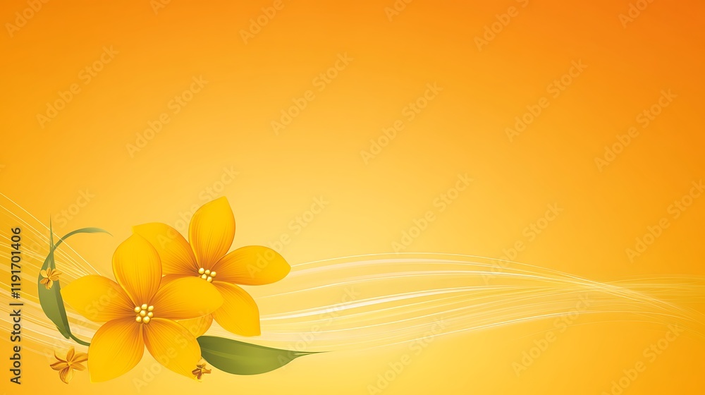 Two Yellow Flowers on an Orange Background with Swirling Lines Two Yellow Flowers on an Orange Background with Swirling Lines