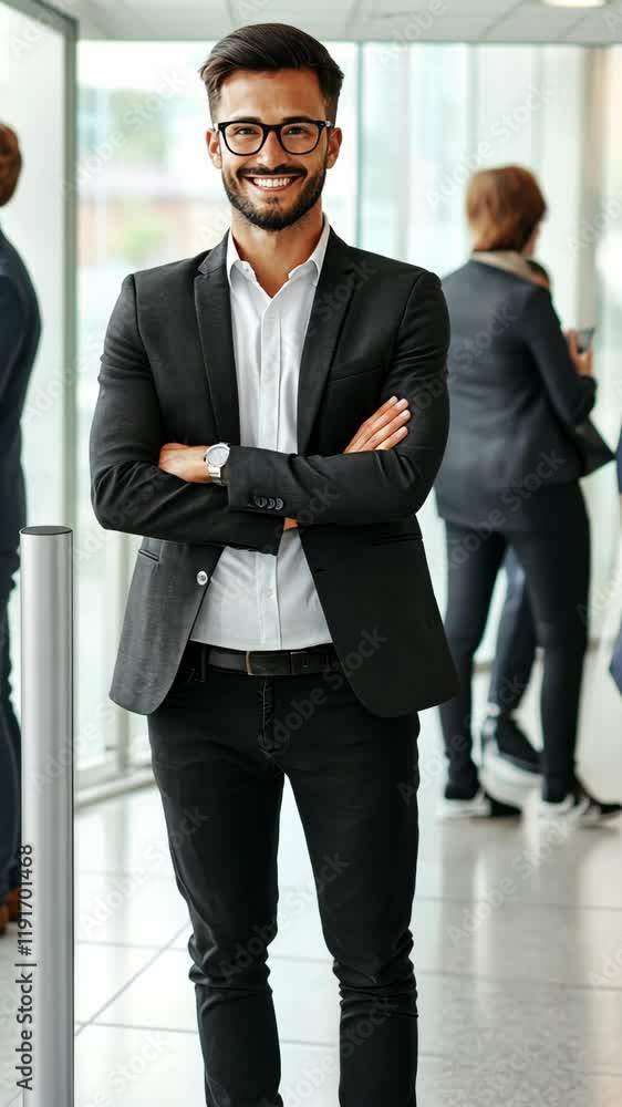 Confident man in business attire standing in modern office during networking event Confident man in business attire standing in modern office during networking event