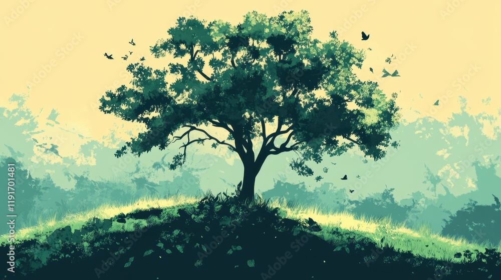 Serene Landscape Featuring a Solitary Tree and Birds Serene Landscape Featuring a Solitary Tree and Birds