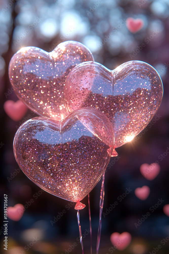 Obraz premium Sparkling Heart-Shaped Balloons in a Romantic Valentine Glow