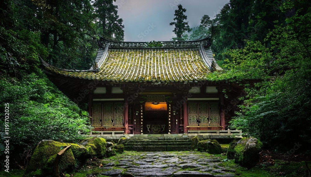 a mystical chinese temple shrine hidden in a dark enchanted forest a mystical chinese temple shrine hidden in a dark enchanted forest