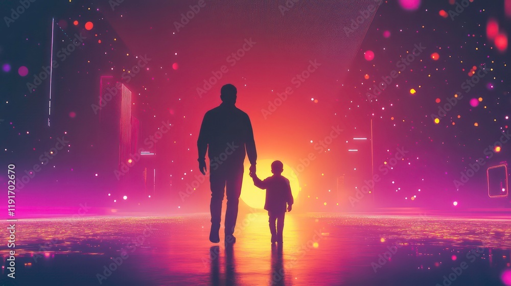 Silhouette of father and son walking hand-in-hand towards a vibrant, futuristic cityscape at sunset. Silhouette of father and son walking hand-in-hand towards a vibrant, futuristic cityscape at sunset.