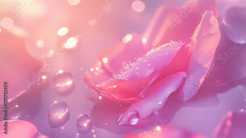Pink rose petals with dewy drops in dreamy macro shot