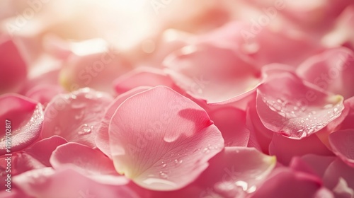 Pink rose petals with dewy drops in dreamy macro shot