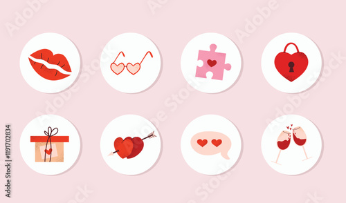Set of cute round Valentine’s Day labels featuring hearts, lips, gifts, and love icons. Ideal for decorating cards, planners, gift wrapping, and scrapbooking. Vector illustration isolated in pink.