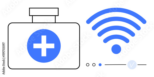 Medical kit with a cross symbol alongside a wireless signal icon. Ideal for telemedicine, remote health monitoring, digital healthcare, virtual consultations, online medical services, healthcare