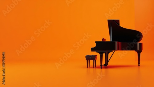 Onyx black grand piano on right. Soft purple background. Copy space for text, 3D render AI Generated Designer Element