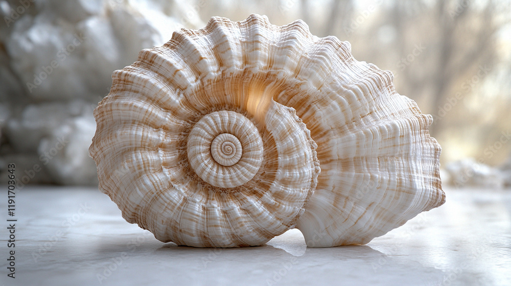 A spiral shell placed on a clean surface symbolizing natural symmetry and growth with caption space on the side and blurred bright tone background A spiral shell placed on a clean surface symbolizing natural symmetry and growth with caption space on the side and blurred bright tone background