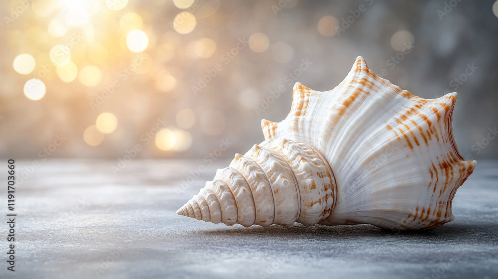 A spiral shell placed on a clean surface symbolizing natural symmetry and growth with caption space on the side and blurred bright tone background