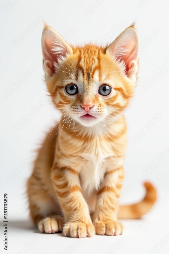 Tiny orange tabby kitten, alert pose, pure white backdrop, white, isolated Tiny orange tabby kitten, alert pose, pure white backdrop, white, isolated