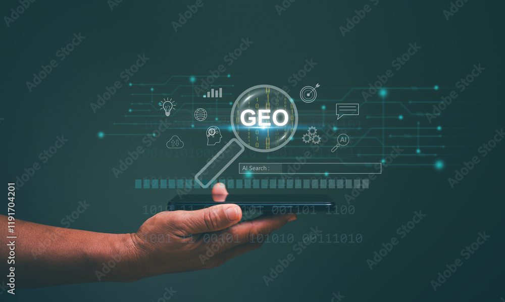 Generative Engine Optimization (GEO) concept. Ai smart search. Businessman use generative engine optimization on smartphone for view search results from internet network. Generative Engine Optimization (GEO) concept. Ai smart search. Businessman use generative engine optimization on smartphone for view search results from internet network.