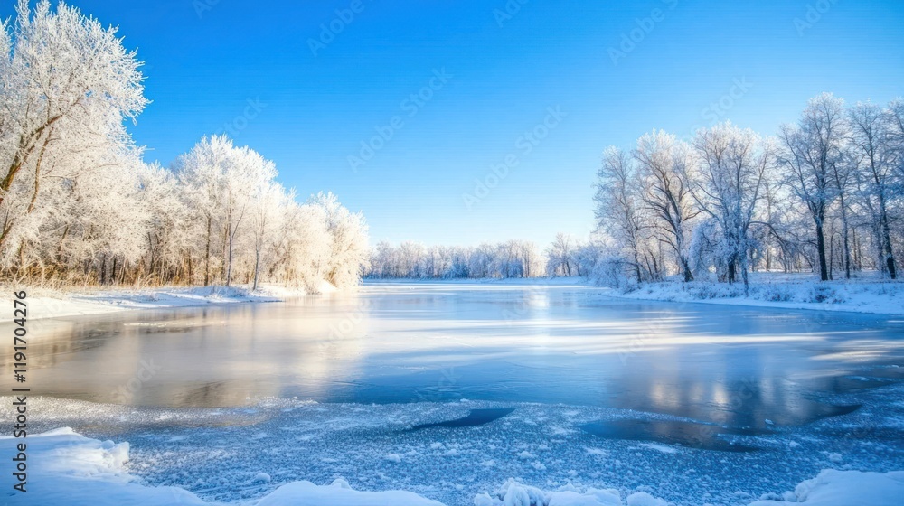 A serene winter landscape featuring a frozen lake and snow-covered trees under a clear blue sky A serene winter landscape featuring a frozen lake and snow-covered trees under a clear blue sky