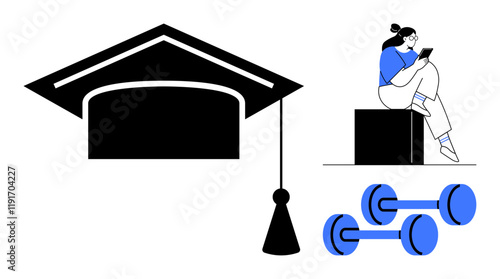 Graduation cap, person reading a book while seated, and dumbbells emphasizing the balance between education and fitness. Ideal for educational materials, fitness programs, student life, balance