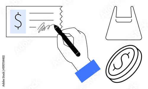 Hand signing a check with a dollar symbol, alongside a shopping bag and a coin, represents payment processes, shopping, online purchases, and monetary exchanges. Ideal for finance, e-commerce