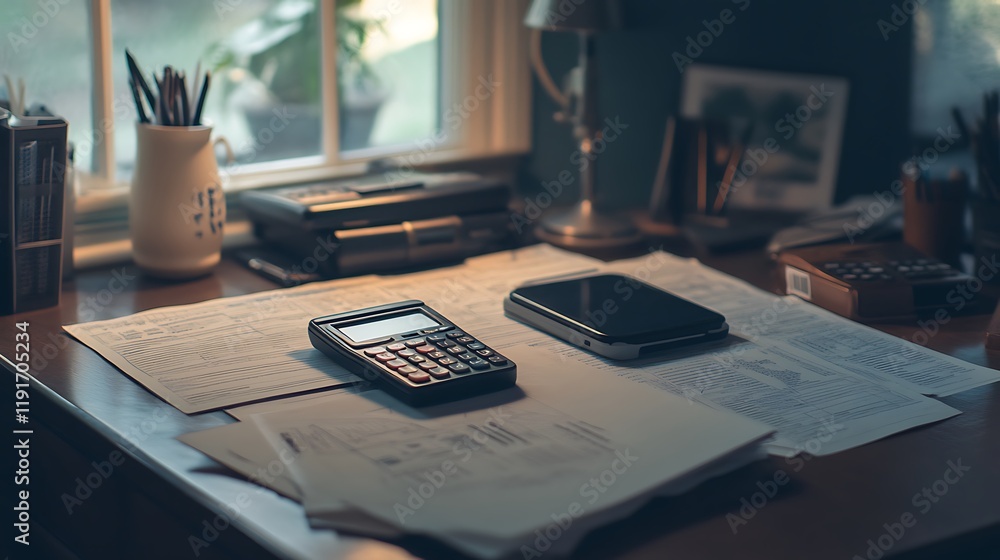 Desk Scene Featuring Documents Calculator and Phone Desk Scene Featuring Documents Calculator and Phone
