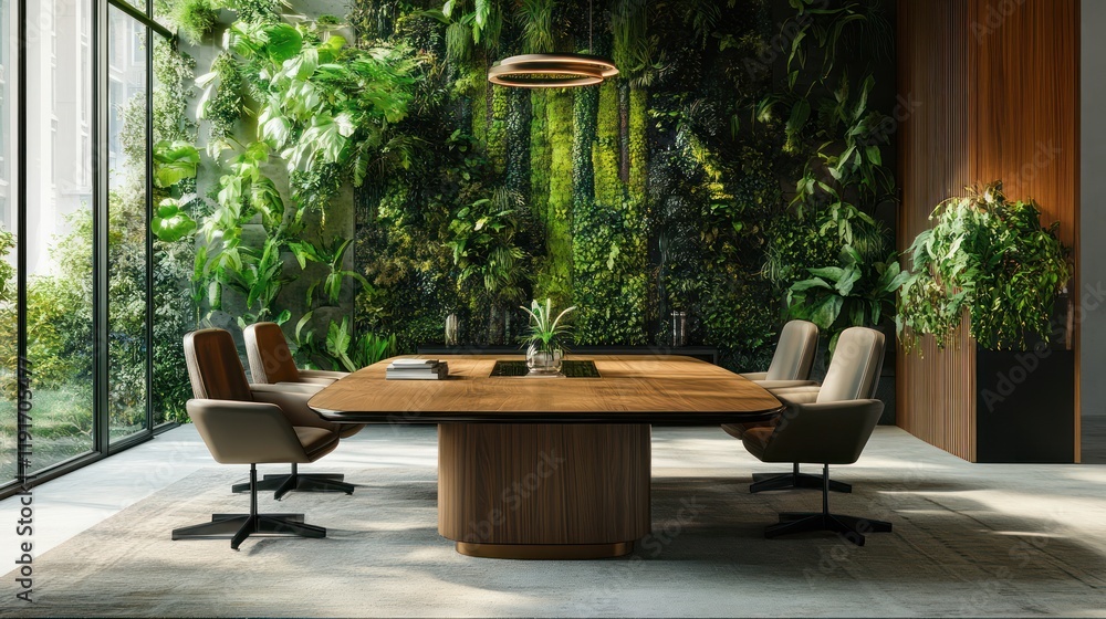 A stylish meeting table in a green office background A stylish meeting table in a green office background