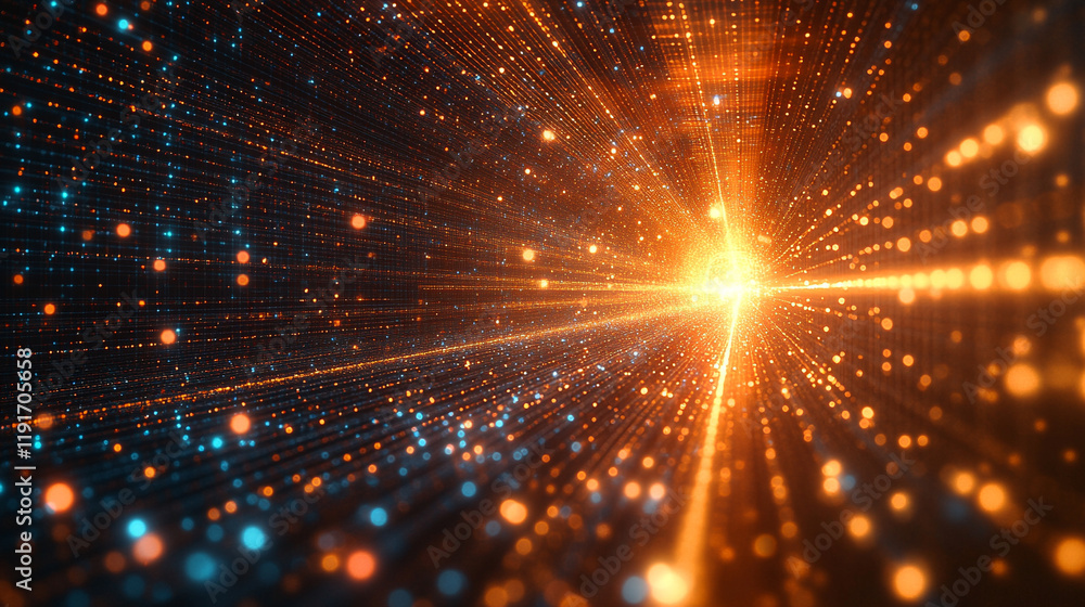 Fototapeta premium Abstract tech background showcasing digital particles explosion, quantum core, computing network system, AI, and global data connections with blurred bright light tone and caption space on the side