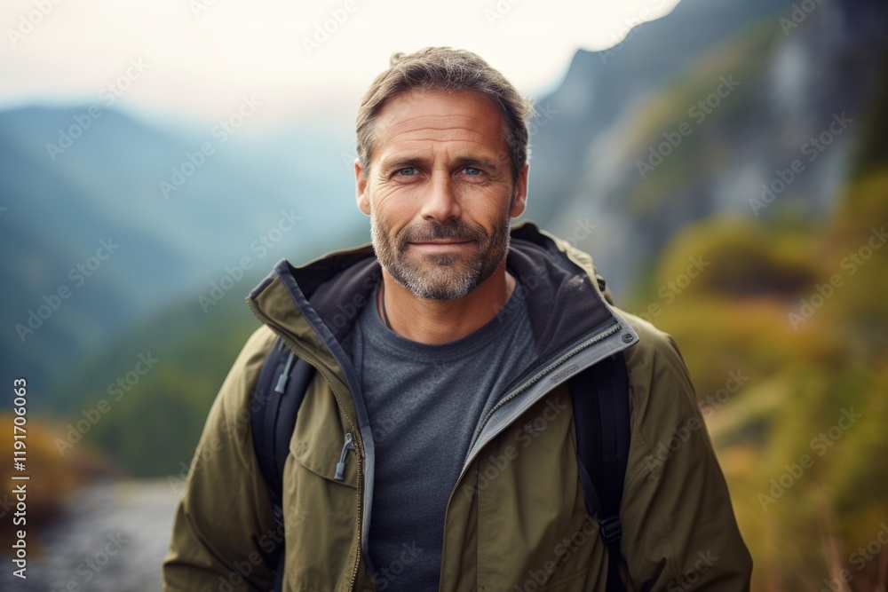 Portrait of a smiling mature man with a backpack standing in the mountains. Portrait of a smiling mature man with a backpack standing in the mountains.