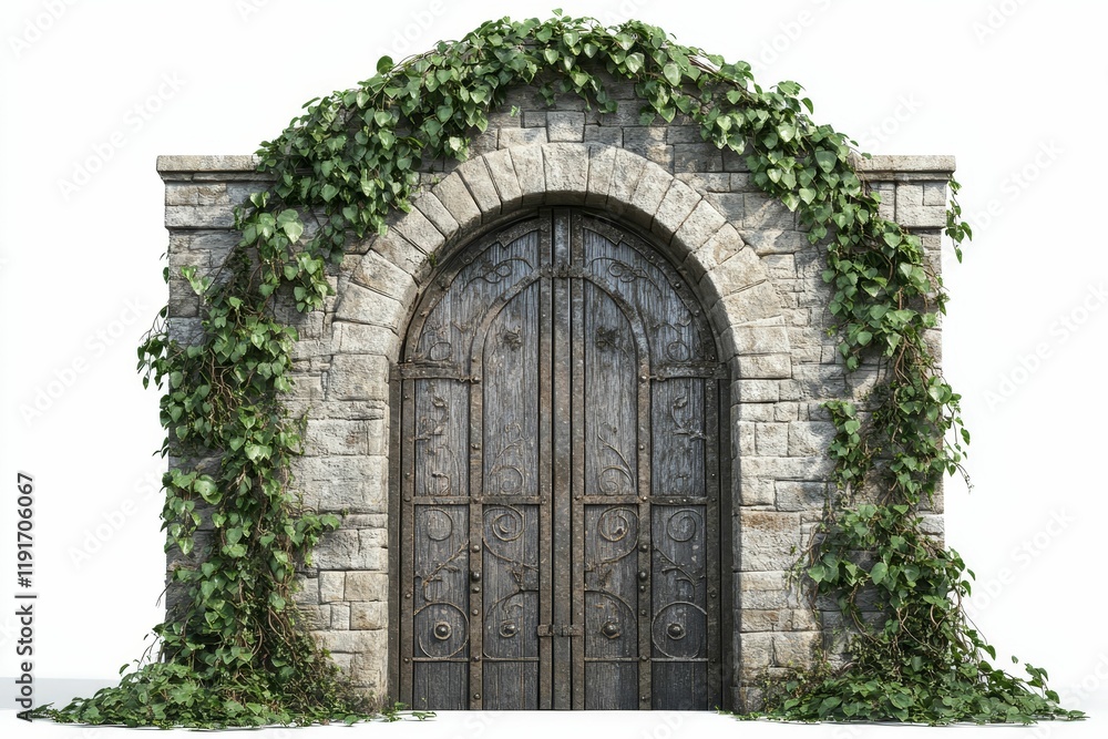 Stone archway, wooden gate, ivy-covered walls. Stone archway, wooden gate, ivy-covered walls.