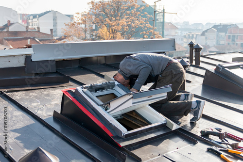 Foto A roofer and window master work