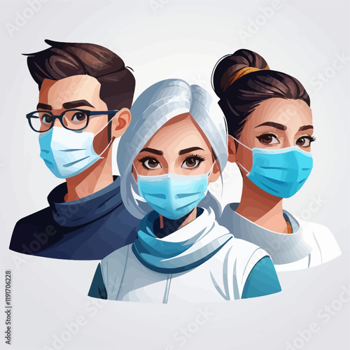 People wearing medical masks,3D vector illustration.