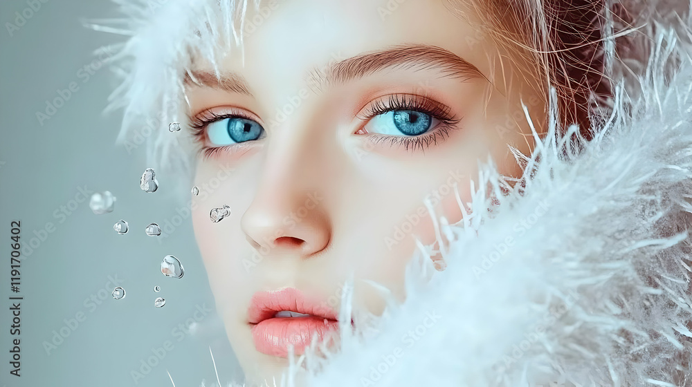 Close-up of woman with blue eyes, perfect skin, and water drops gently caressing her face. Close-up of woman with blue eyes, perfect skin, and water drops gently caressing her face.